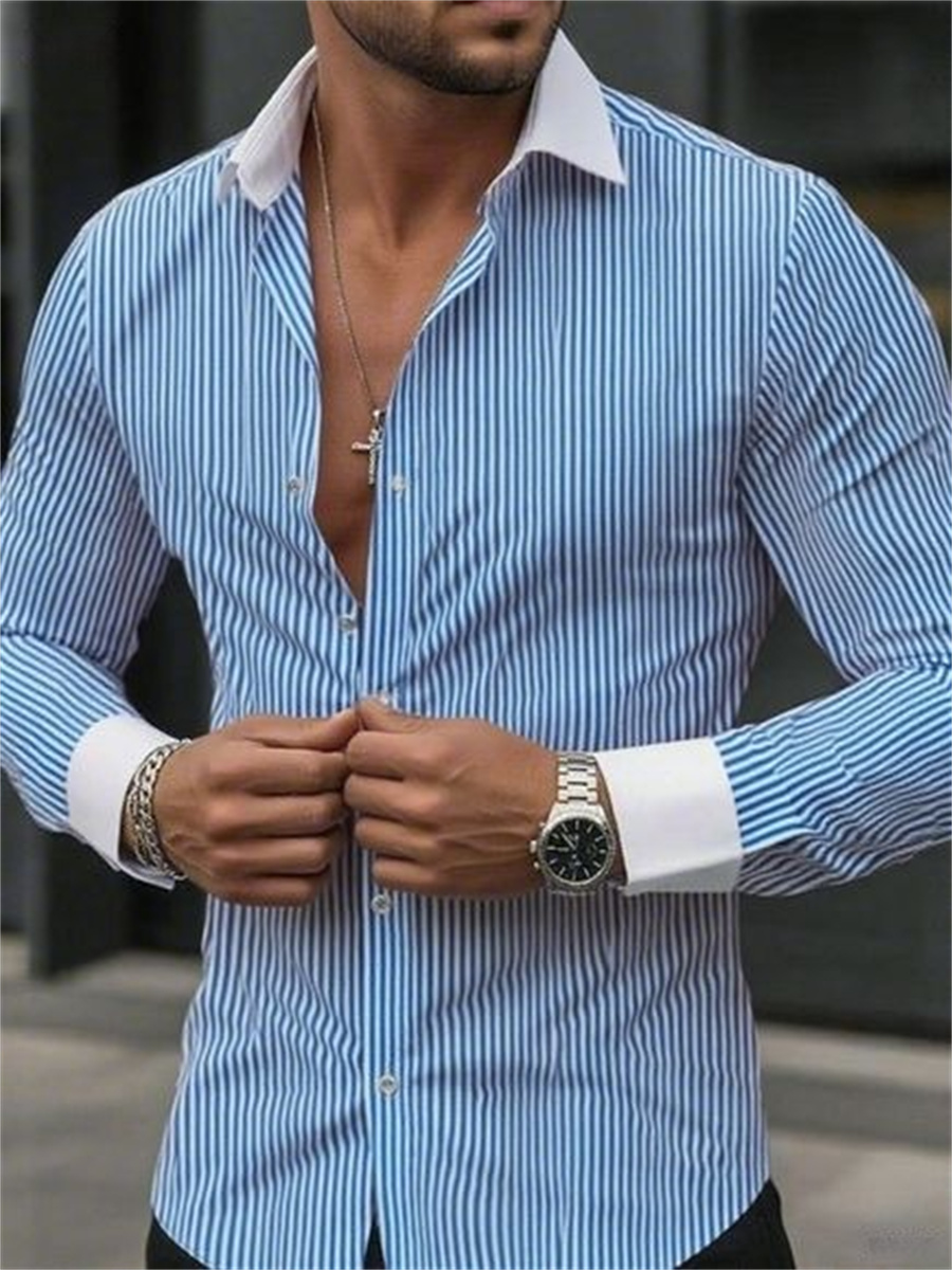 Men Formal Wear Shirts - เสื้อเชิ้ตแขนยาวปกทางการลายทางทรงเข้ารูปสำหรับผู้ชายธุรกิจเดินทางสวมใส่ในที่ทำงานที่ทันสมัยและสะดวกสบาย
