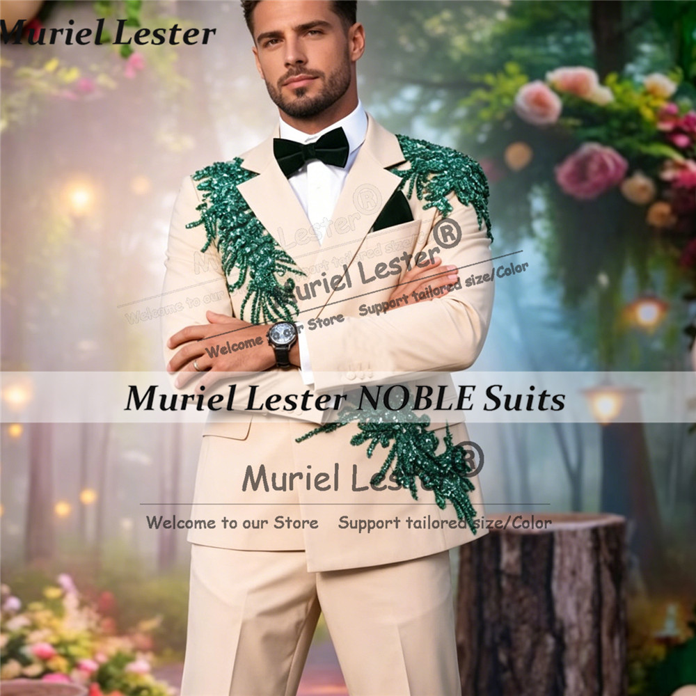 Unique Men'S Formal Wear - ชุดสูทผู้ชายประดับเพชรและลูกปัดแบบสั่งทำพิเศษสำหรับงานแต่งงาน ดีไซน์เฉพาะตัว แจ็คเก็ตและกางเกง ชุด 2 ชิ้น