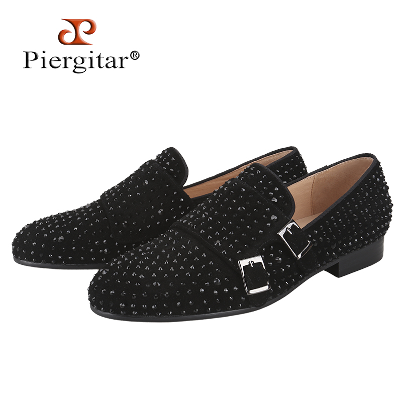Men'S Formal Wear - Piergitar ใหม่หนังนิ่มสีดําผู้ชายคู่ Monk รองเท้า Handmade Rhinestones