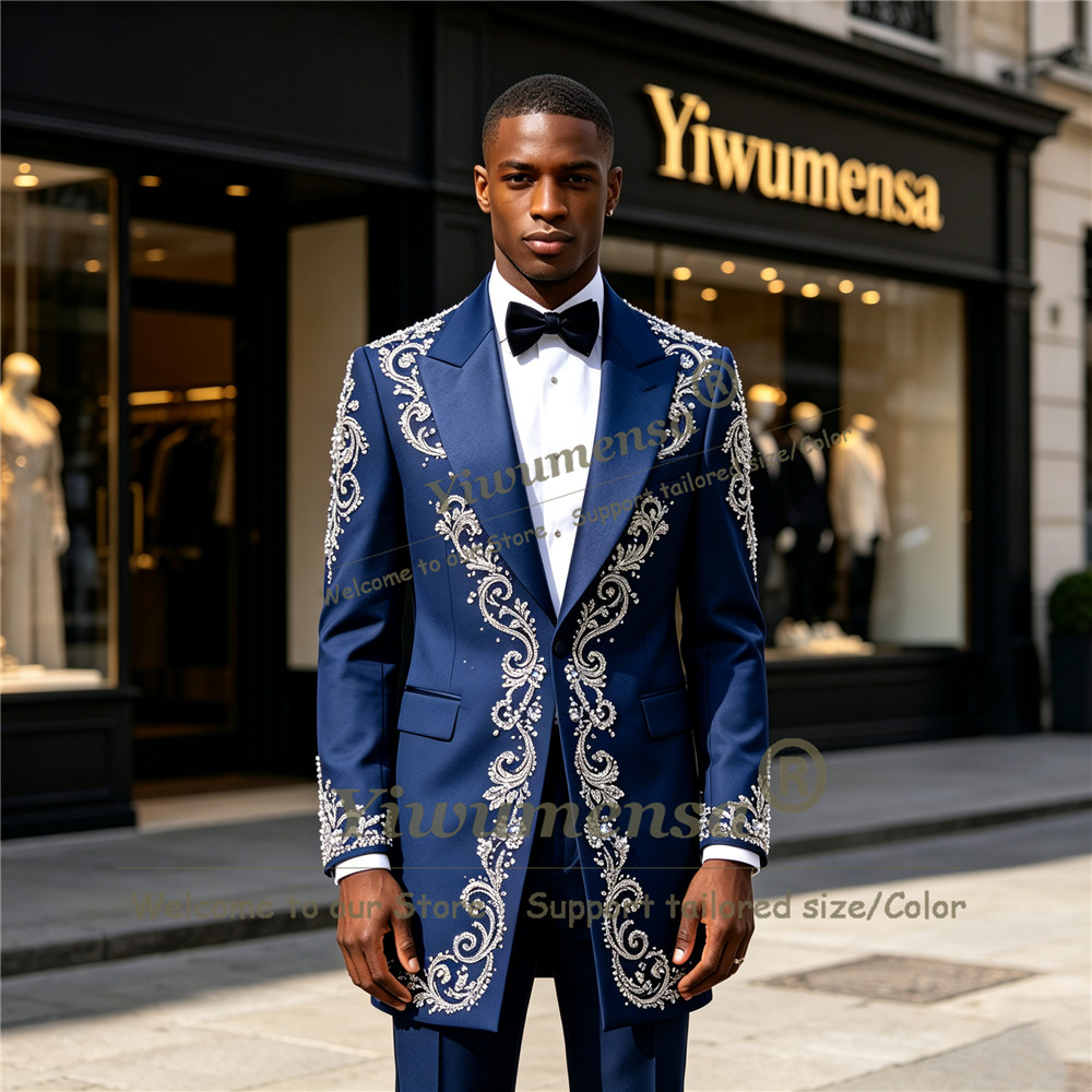 Men'S Formal Wear - ชุดสูทผู้ชายประดับคริสตัลทำมือ ตัดเย็บตามสั่ง แบบกระดุมแถวเดียว สำหรับงานพรอม ชุดทางการยาว ชุดทักซิโด้เจ้าบ่าวงานแต่งงาน