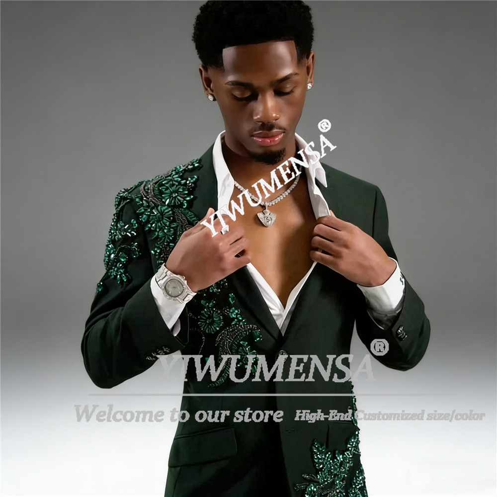 Unique Men'S Formal Wear - ชุดสูทดีไซน์โดดเด่นสำหรับผู้ชาย ชุดทางการ 2 ชิ้น สีเขียว ประดับลูกปัด
