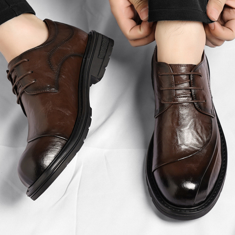 Men'S Formal Wear - รองเท้าหนังแท้สีน้ำตาลขัดเงา แบบผูกเชือก พื้นหนา สำหรับงานทางการ ธุรกิจ สำนักงาน