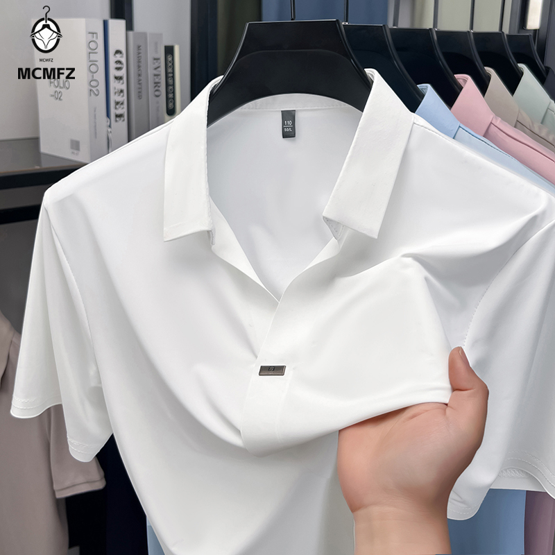 Men Formal Wear Shirts - เสื้อเชิ้ตผู้ชายปกเรียบแบบซ่อนกระดุม ดีไซน์เรียบง่าย แต่งโลหะเดี่ยว ยืดหยุ่น ระบายอากาศ ป้องกันรอยยับ