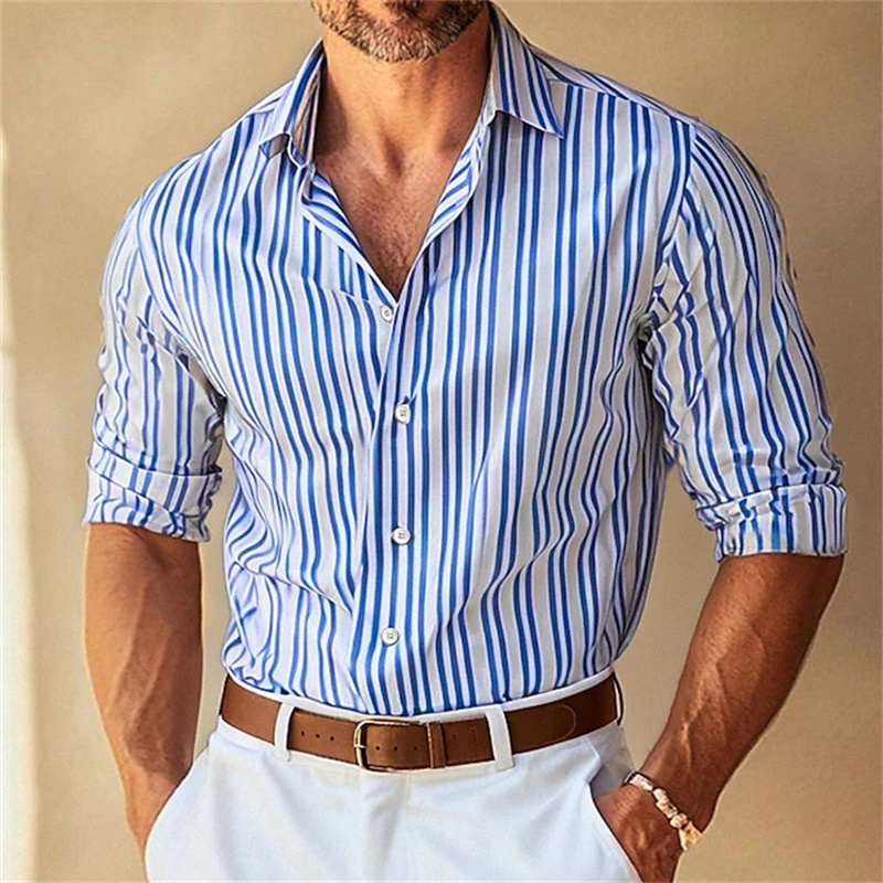 Men Formal Wear Shirts - เสื้อเชิ้ตผู้ชายลายทาง คอปกติดกระดุม แขนยาว 10 สี สีดำ