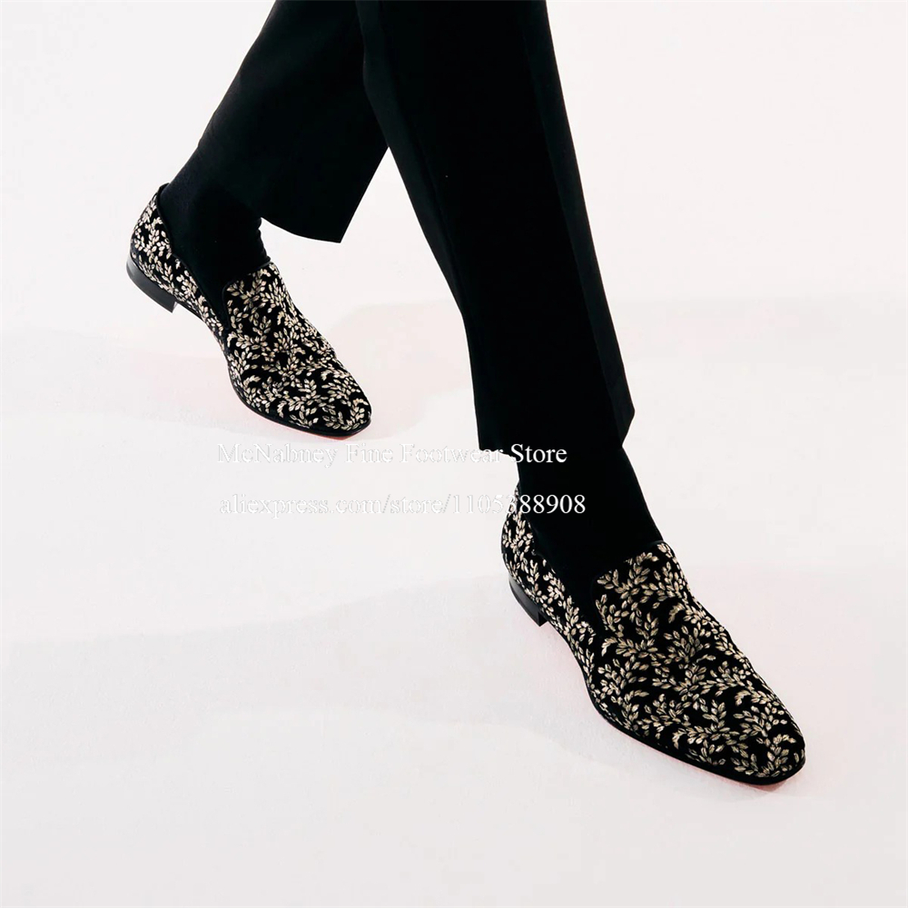Men'S Formal Party Wear Shoes - รองเท้าโลฟเฟอร์ผ้ากำมะหยี่สีดำสำหรับผู้ชาย รองเท้าปักลายใบไม้ รองเท้าเดรสผู้ชาย รองเท้าคลาสสิก รองเท้าทางการ รองเท้าลำลอง
