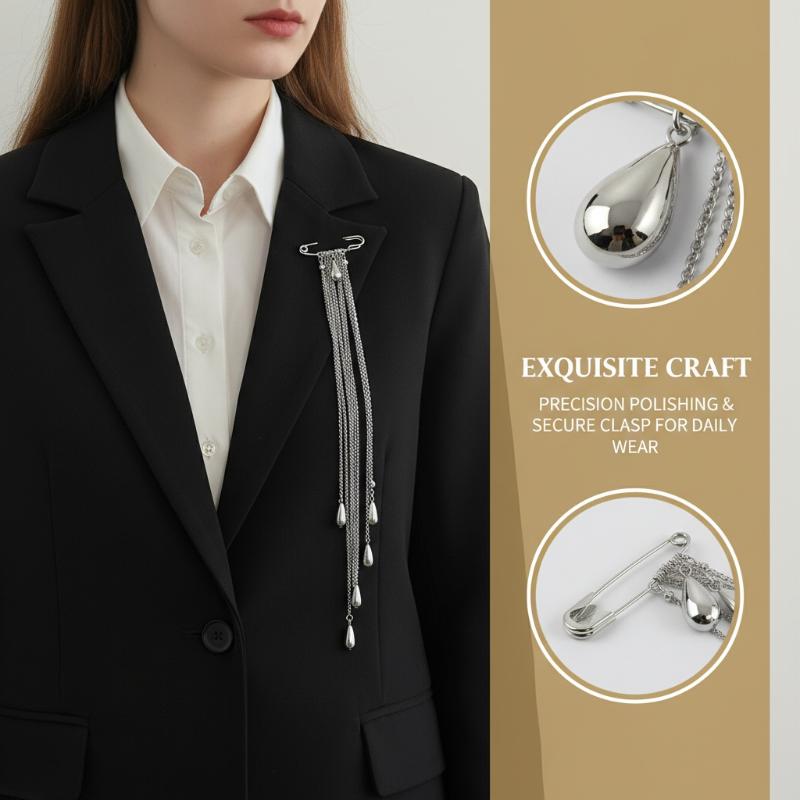 Mens Formal Look - เข็มกลัดรูปหยดน้ำประดับพู่สำหรับผู้ชาย โซ่โลหะติดปกเสื้อ ใช้เป็นเครื่องประดับสำหรับชุดสูท งานเลี้ยง หรือใส่ทำงาน