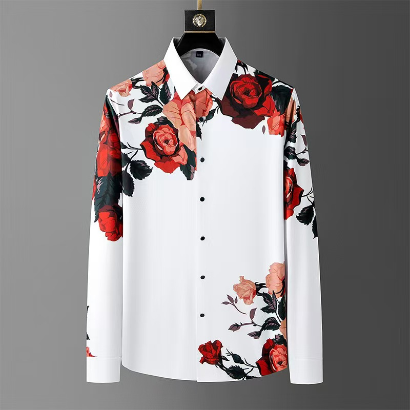 Men Formal Wear Shirts - เสื้อแขนยาว Sablon Bunga วินเทจสำหรับผู้ชายหรูหราคอปกพิมพ์ลายแฟชั่นชุดเที่ยวคลับแนวสังคมชุดฤดูใบไม้ผลิ