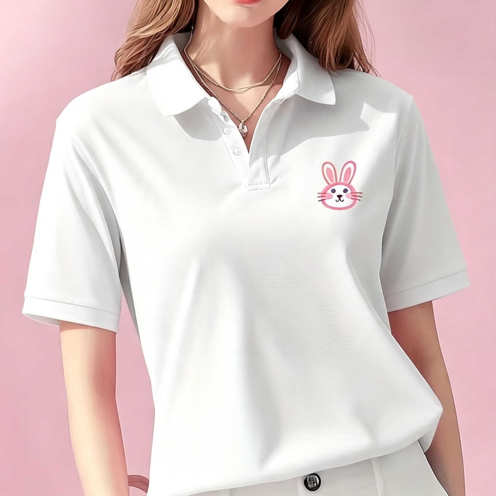 Men'S Polo Formal Wear - เสื้อโปโลคอปกสีดำแบบยูนิเซ็กส์ ลายกราฟิกกระต่ายสีชมพูน่ารัก แขนสั้น เนื้อผ้านุ่ม ระบายอากาศได้ดี เหมาะสำหรับใส่ลำลองในชีวิตประจำวันสำหรับทั้งชายและหญิง