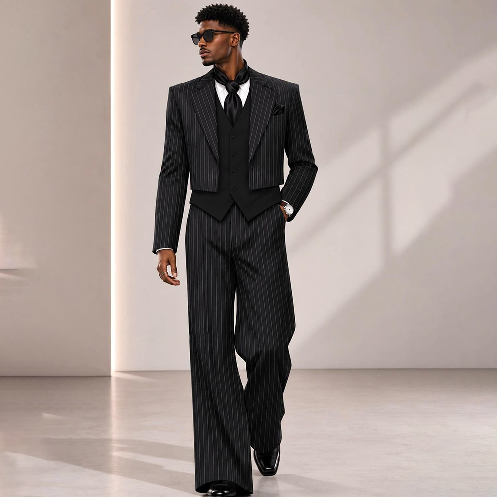 Mens Formal Look - ชุดสูทผู้ชายลายทางสีดำสไตล์โมเดิร์น พร้อมเสื้อเบลเซอร์คอปกเว้า แจ็คเก็ตครอป กางเกง 3 ชิ้น