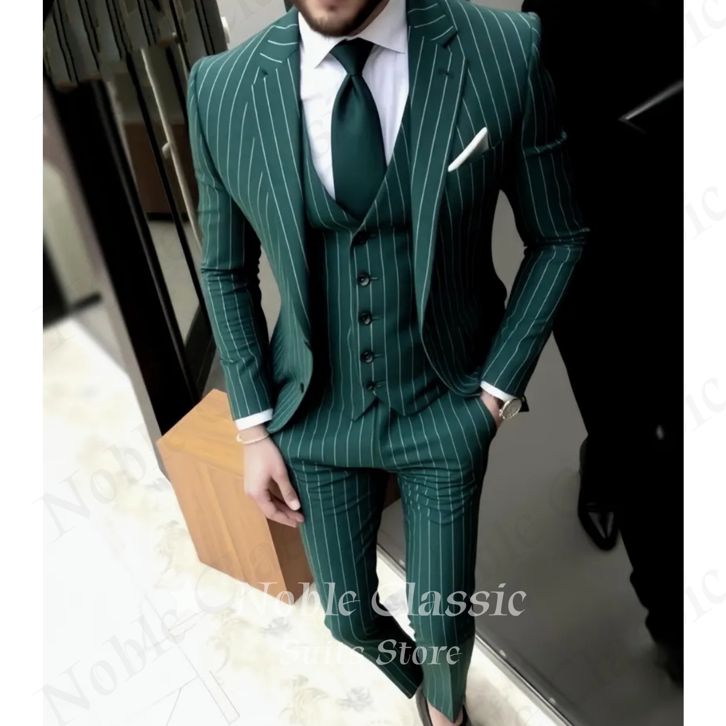 ชุดสูทผู้ชายสีเขียวลายทางทรงเข - Men Formal Wear Wedding Guest บทวิจารณ์และราคา